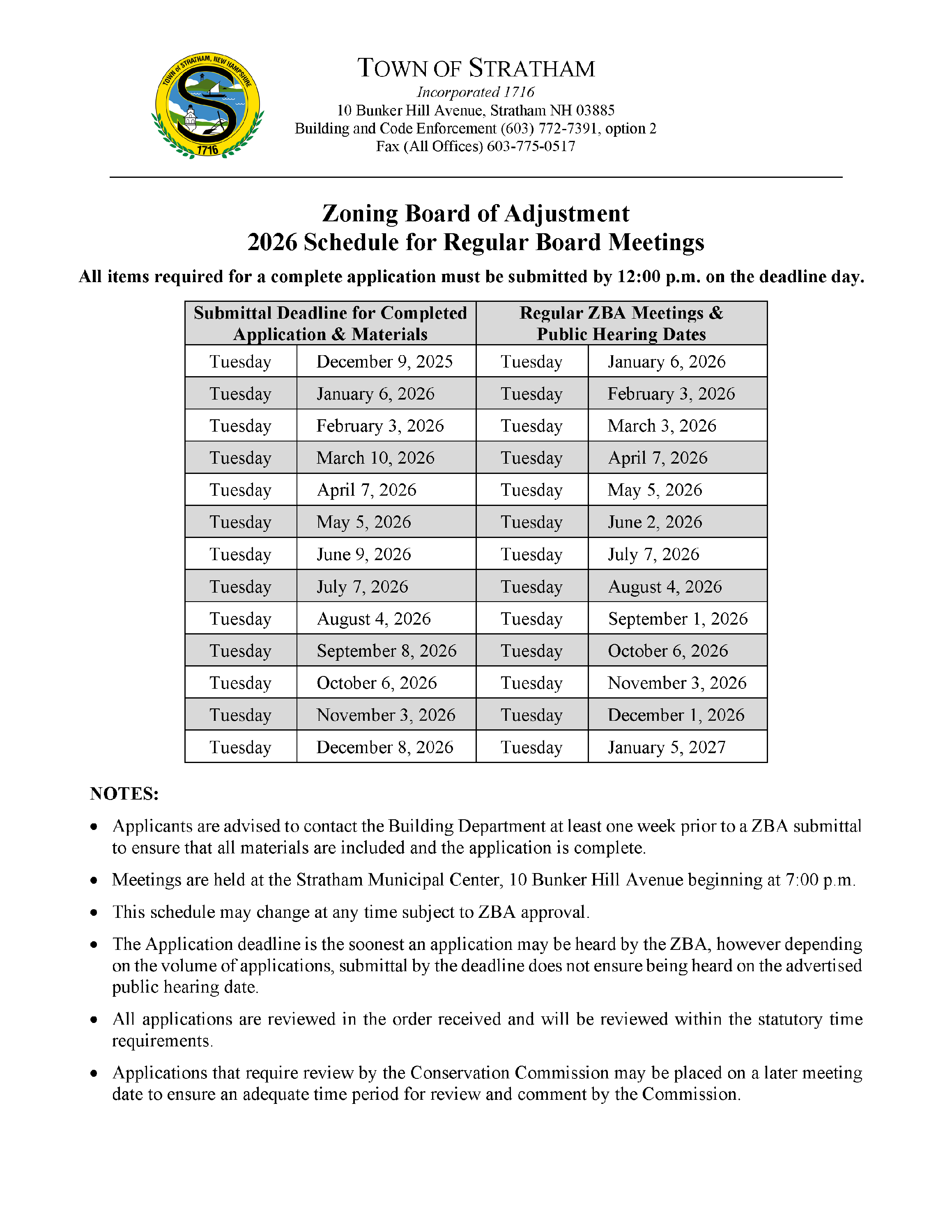 2026 ZBA schedule public